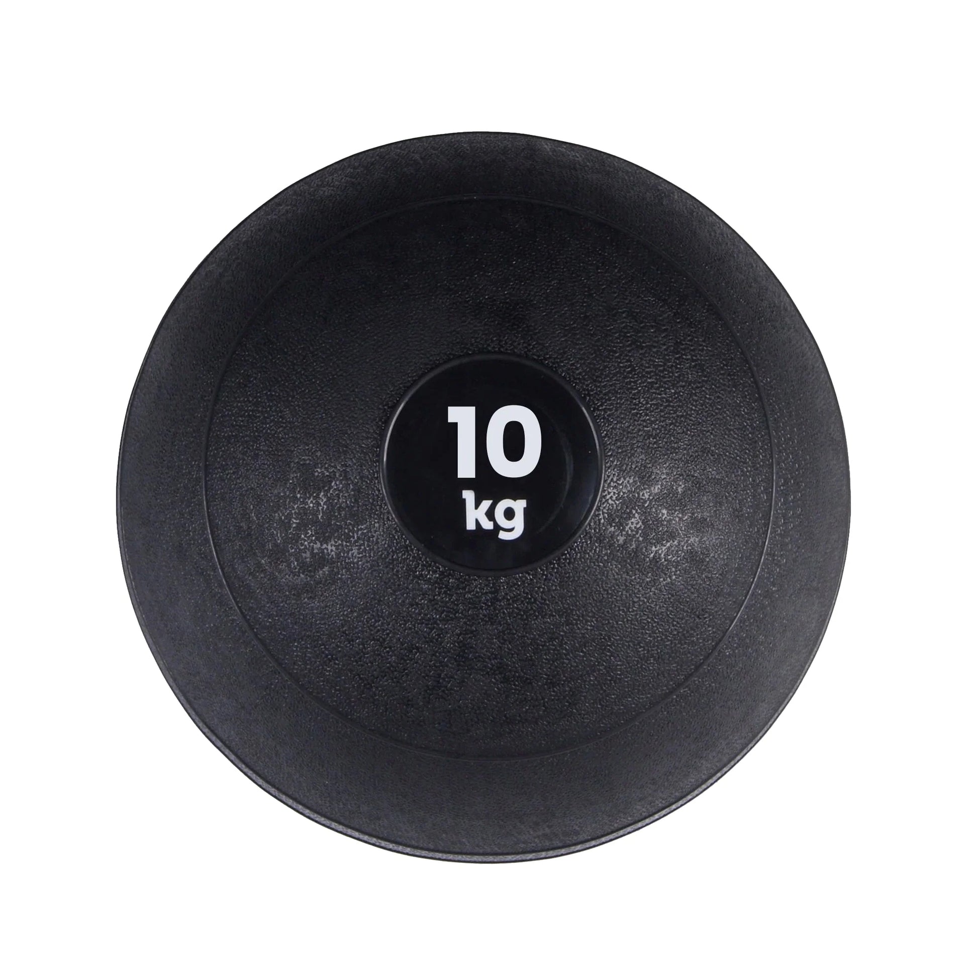 Black slam ball with '10 kg' marking on a white background