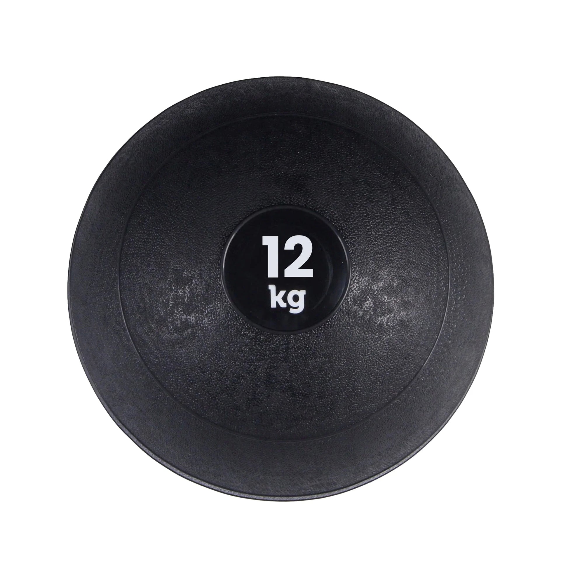 Black slam ball with '12 kg' marking on a white background