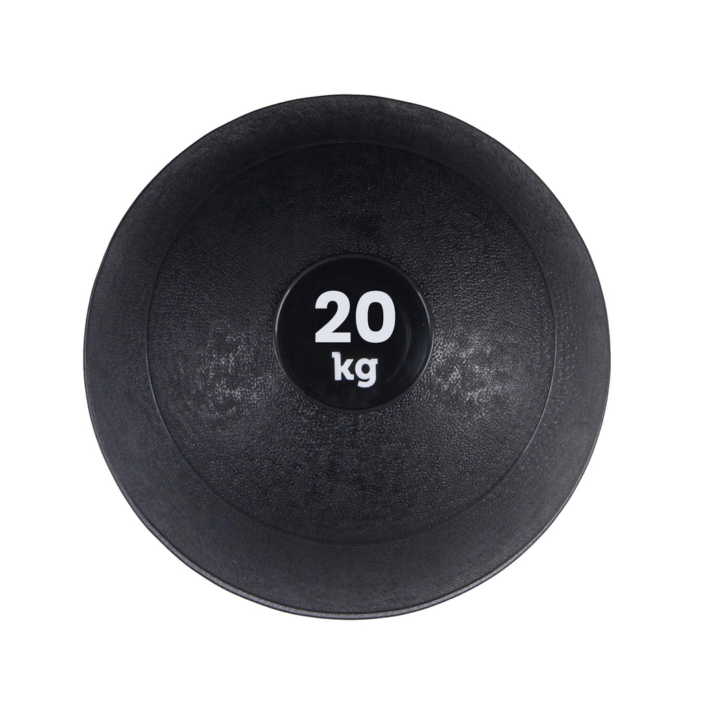 Black slam ball with '20 kg' marking on a white background