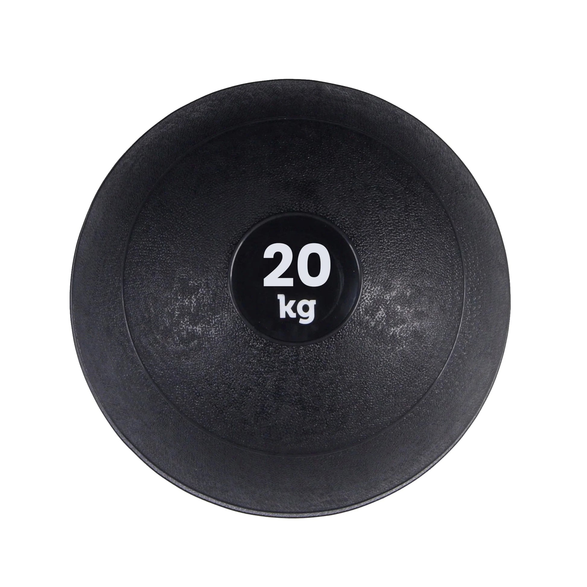 Black slam ball with '20 kg' marking on a white background