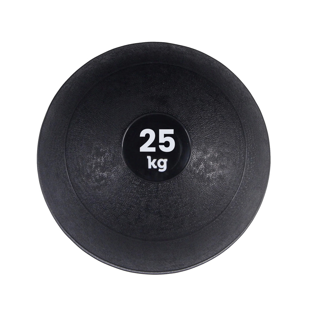 Black slam ball with '25 kg' marking on a white background