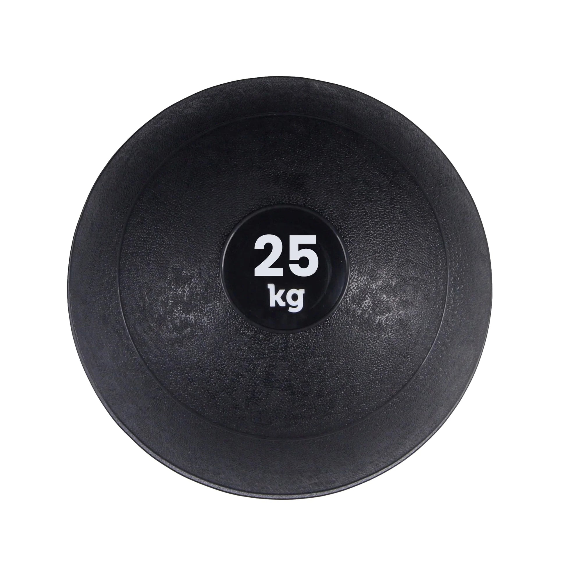 Black slam ball with '25 kg' marking on a white background