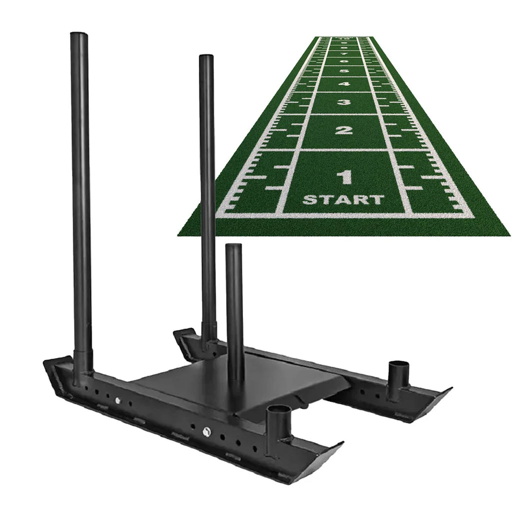 Black sports training device with a green field layout on a white background