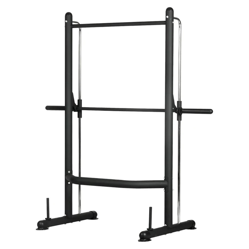 Black metal pull-up bar and weight rack on a white background