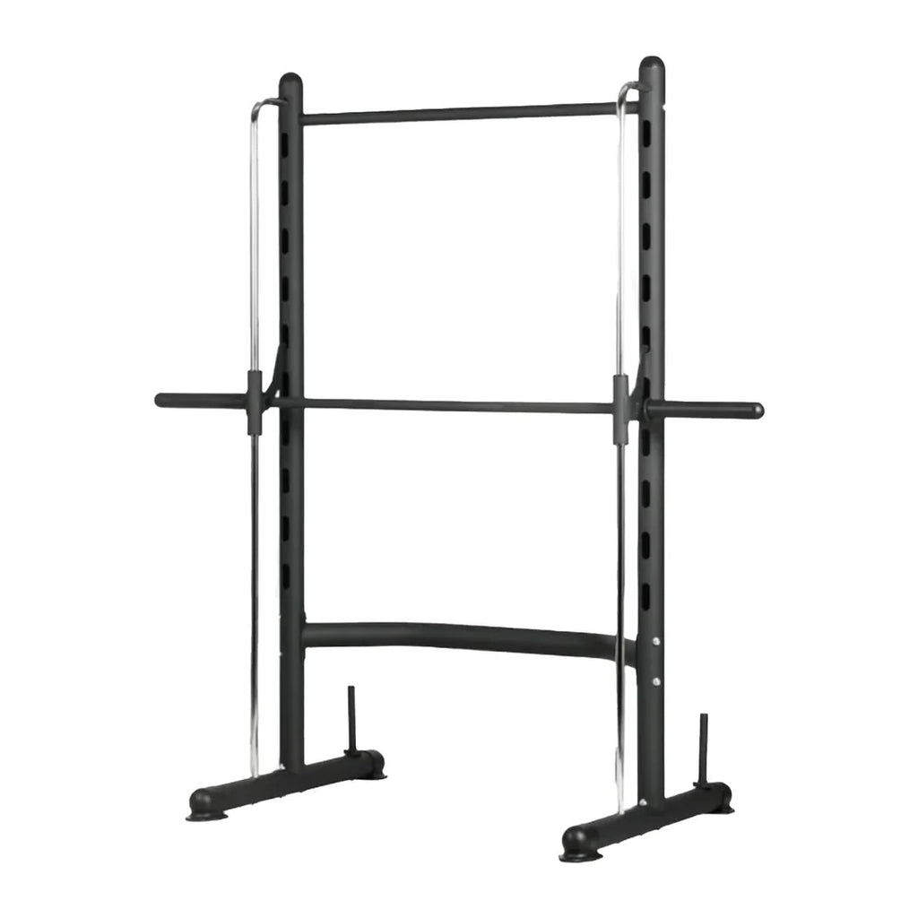 Black metal fitness power rack on a white background