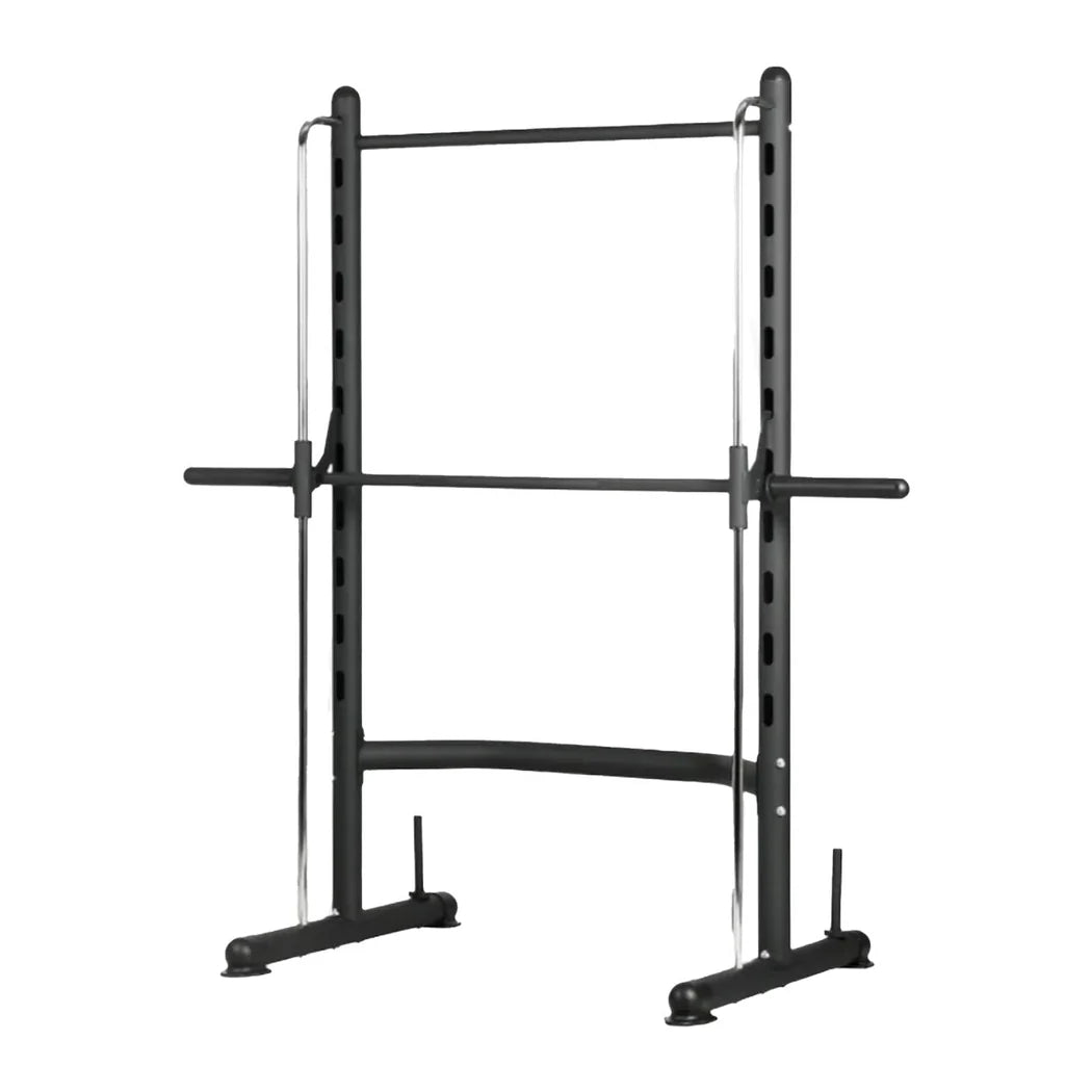 Black metal fitness power rack on a white background