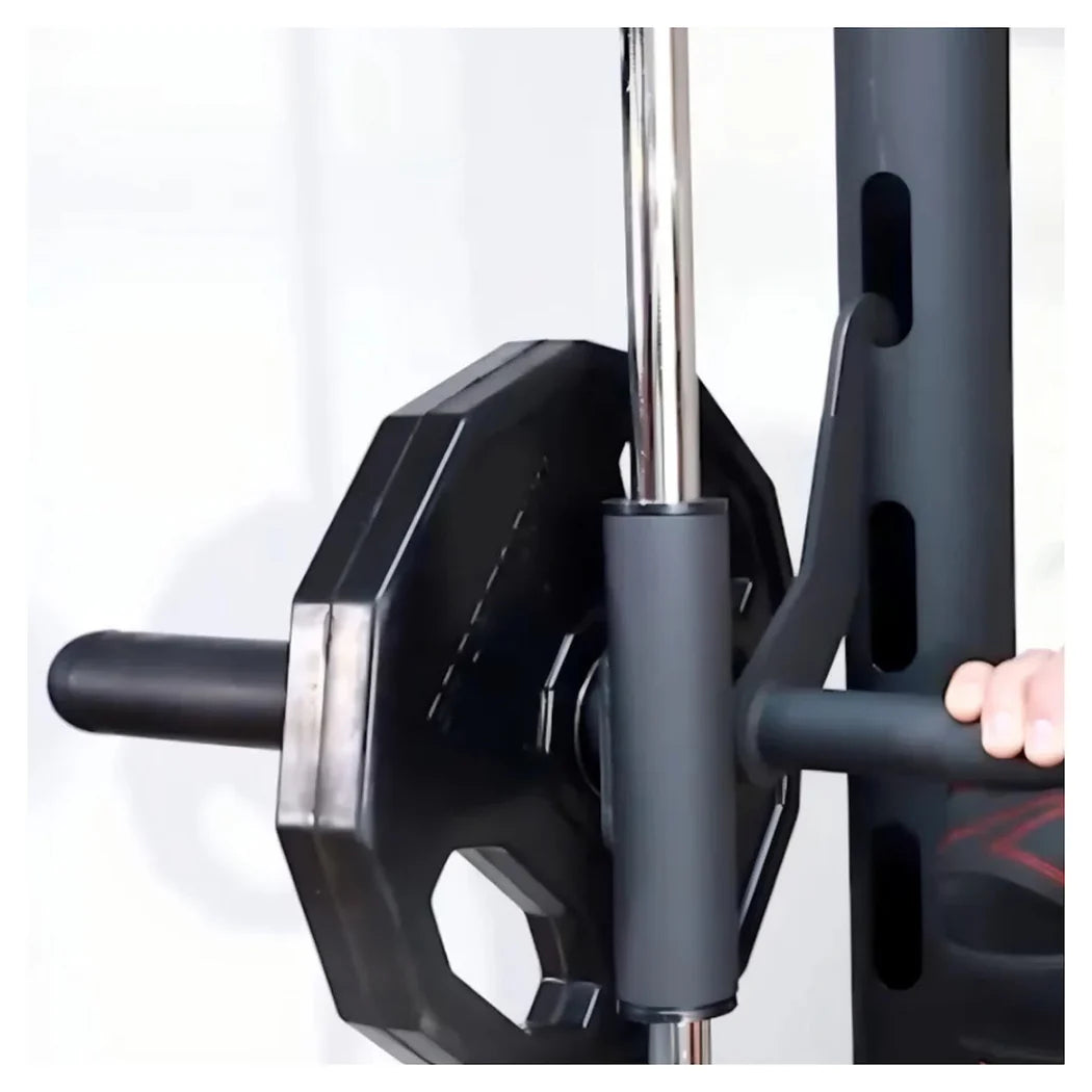 Close-up of a black gym barbell with hexagonal weight plates on a white background