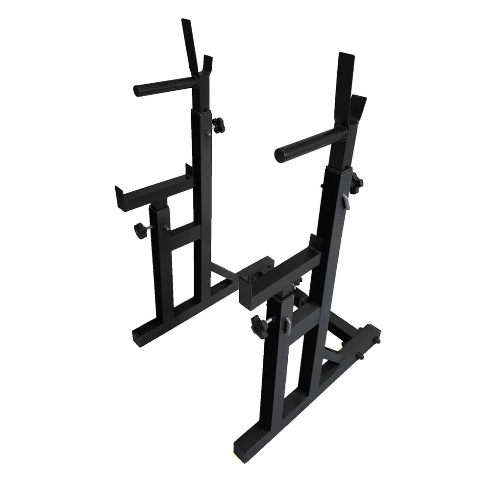 Black metal squat rack on a white background