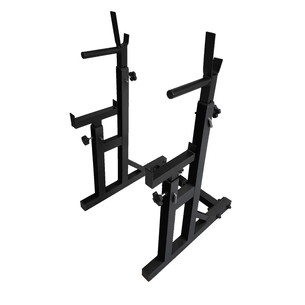 Black metal squat rack on a white background