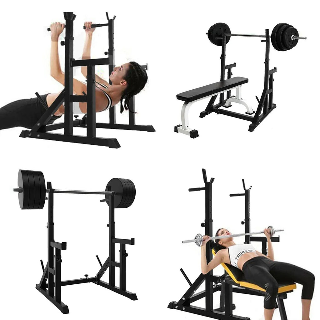 Gym equipment set with barbells and weight bench on a white background