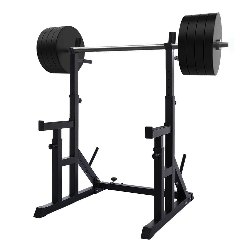 Black weightlifting power rack with barbell on a white background
