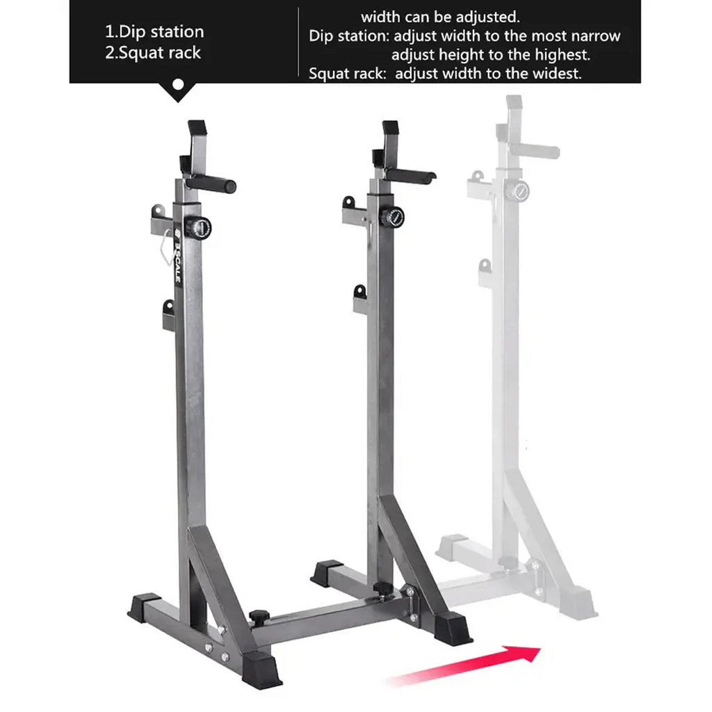 Adjustable squat rack with text on features and usage instructions.