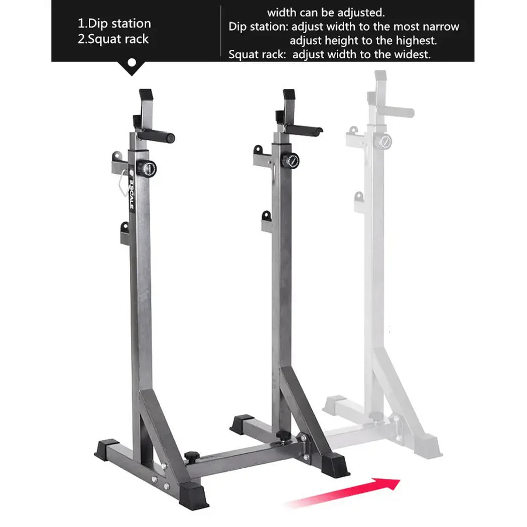 Adjustable squat rack with text on features and usage instructions.