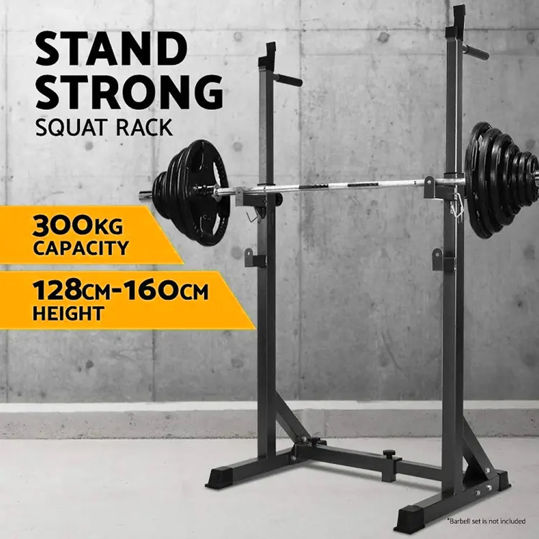 Squat rack with barbell on a concrete floor, featuring text about capacity and height.