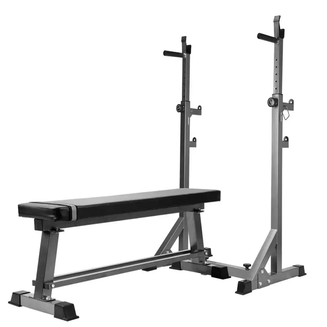 Gym bench and squat rack on a white background