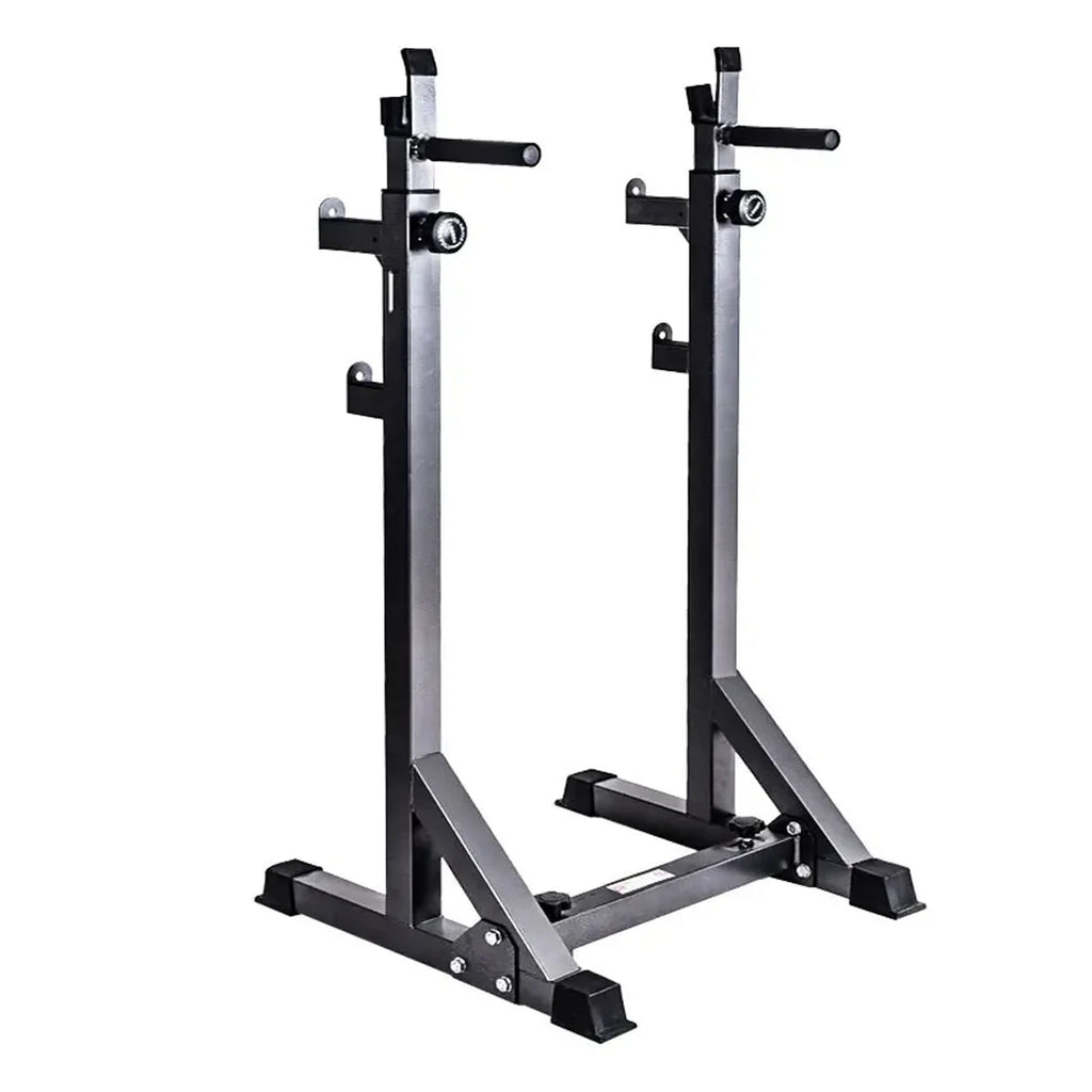 Pair of black and silver weight rack stands on a white background