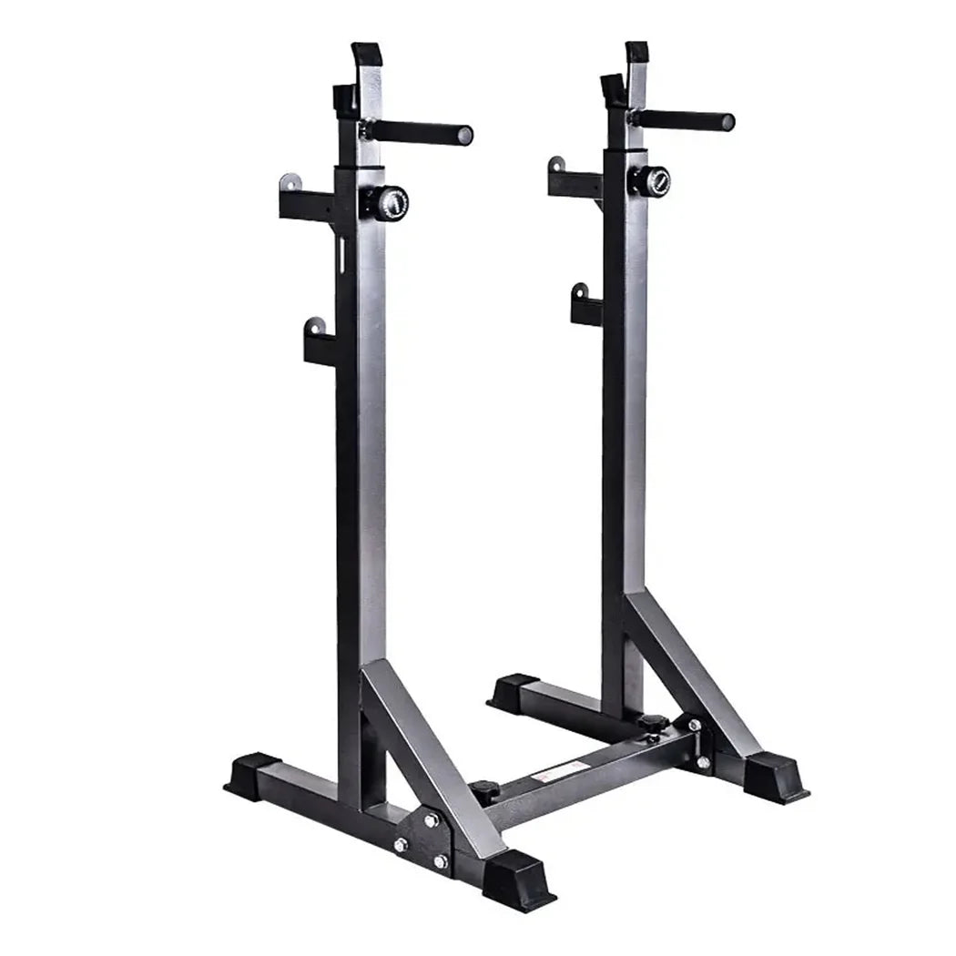 Pair of black and silver weight rack stands on a white background