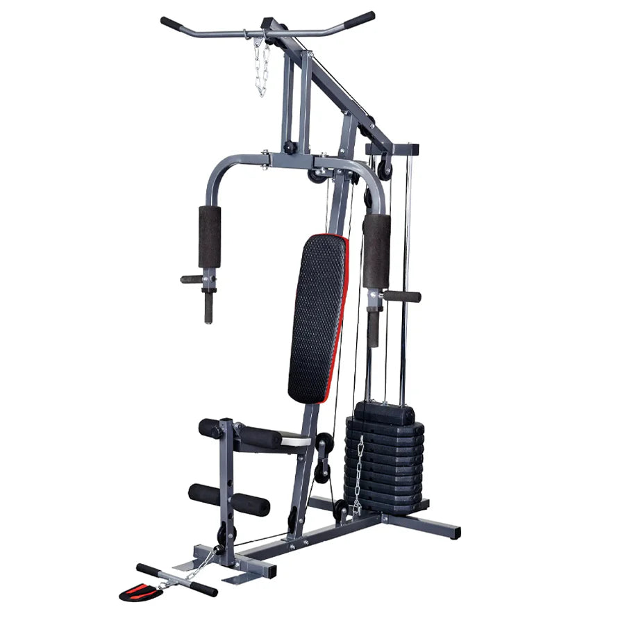 Home gym equipment with various attachments on a white background