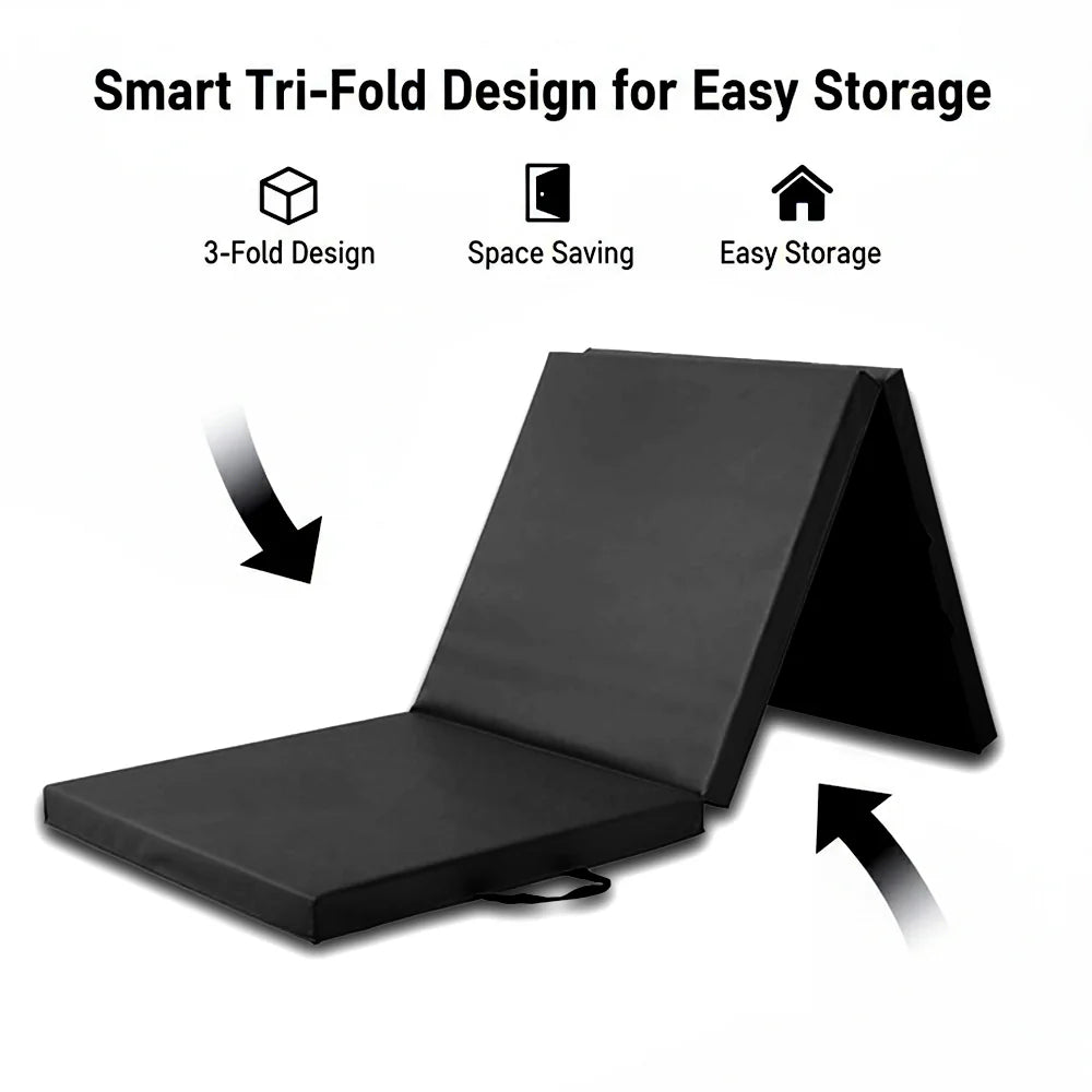 Black folding mat with text highlighting its tri-fold design, space-saving, and easy storage features on a white background.