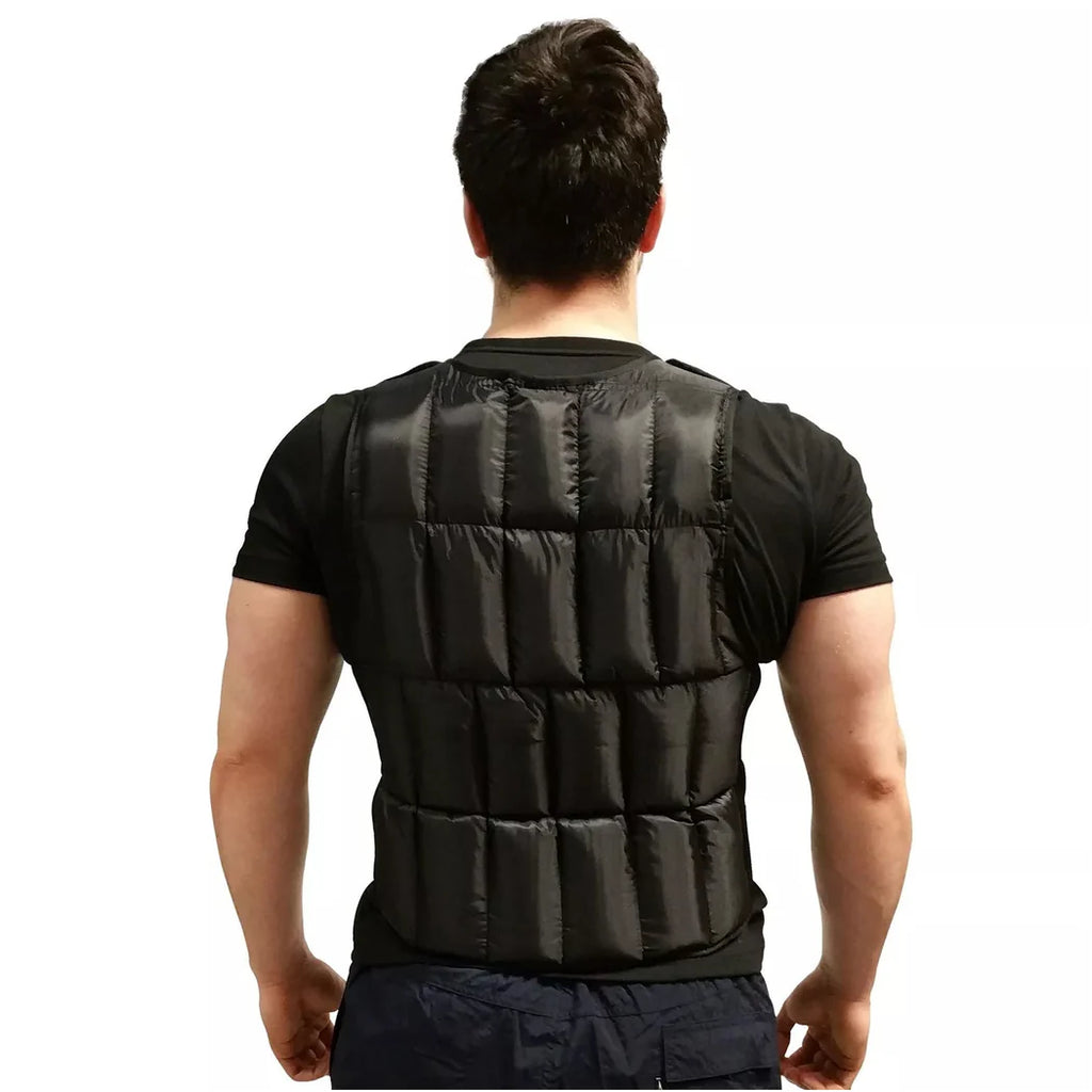 Person wearing a black weighted vest on a white background