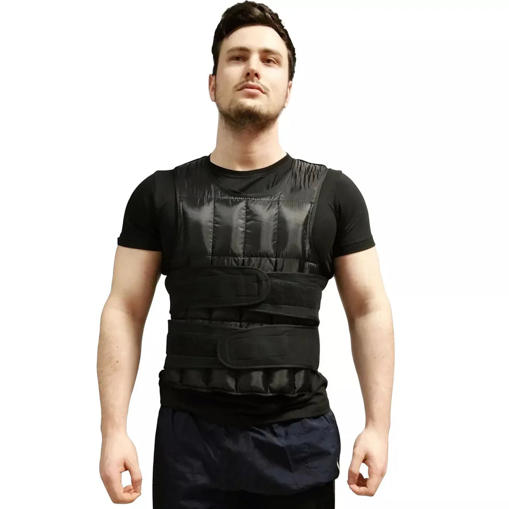 Man wearing a black protective vest on a white background