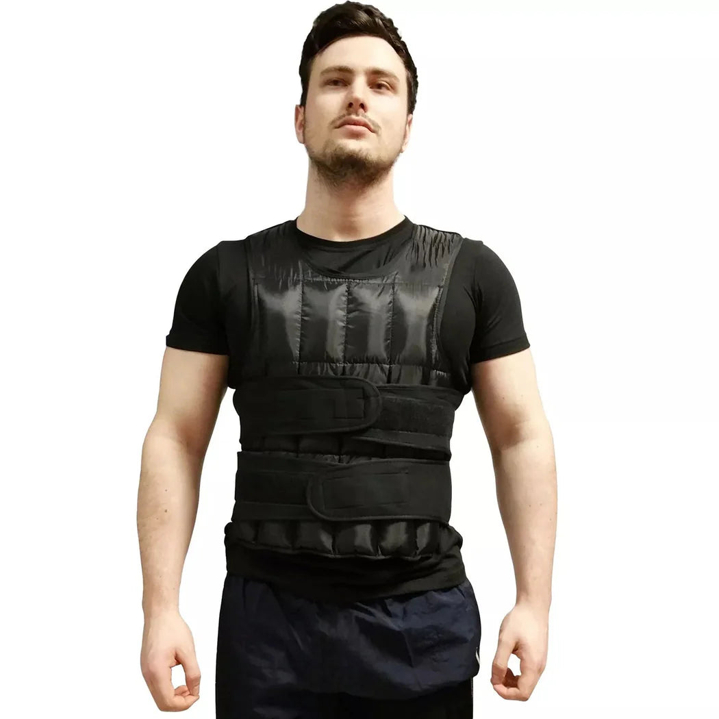 Man wearing a black protective vest on a white background