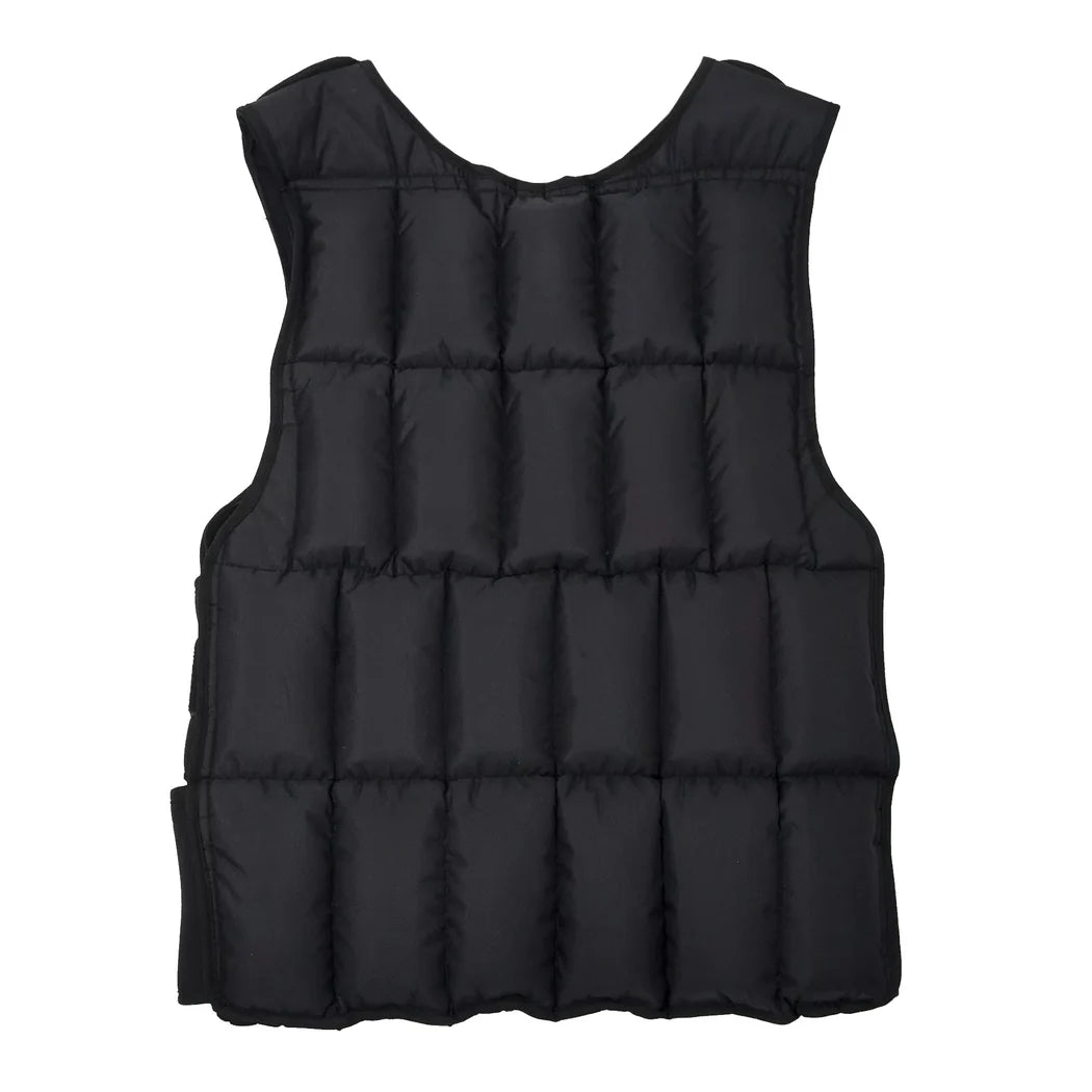 Black puffer vest on a white background