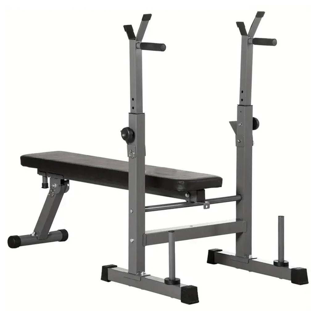 Gray weight bench with adjustable bar on a white background