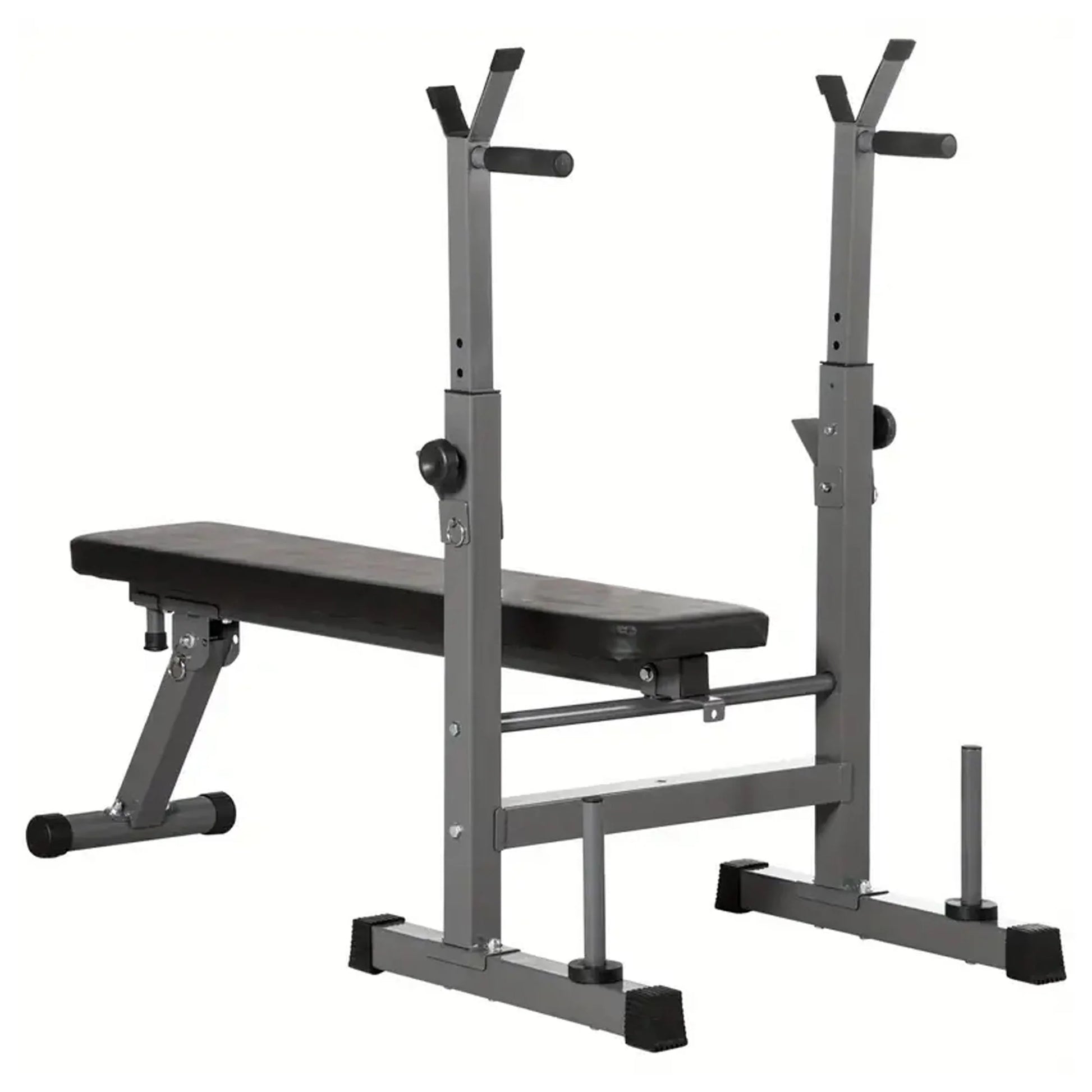 Gray weight bench with adjustable bar on a white background