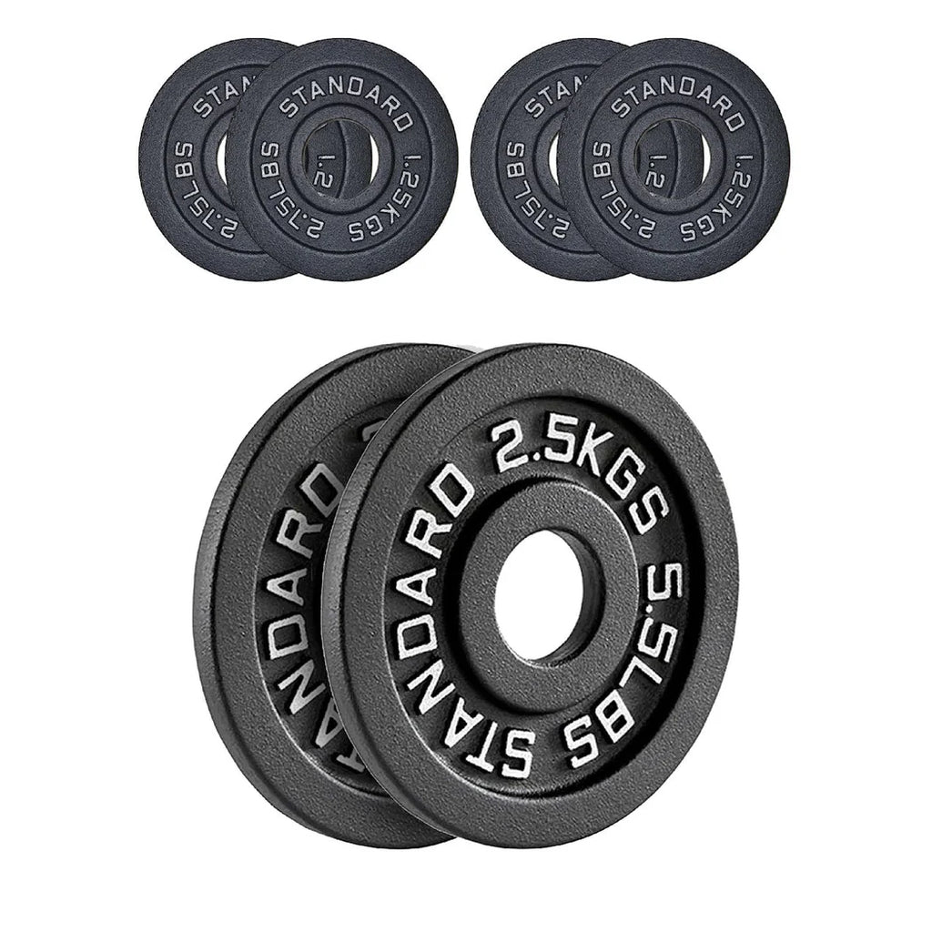 Set of black weight plates with 'Standard' branding on a white background