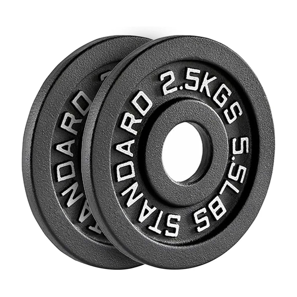 Two black weight plates with 'Standard 2.5KGS' marking on a white background