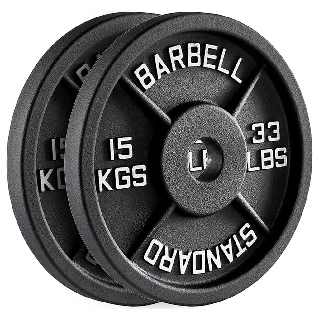 Two black weight plates with measurement labels on a white background