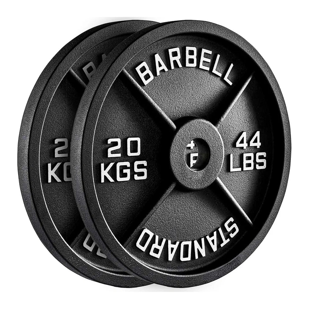 Two black weight plates with measurement labels on a white background