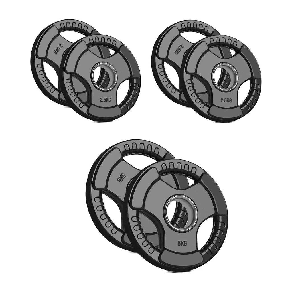 Set of weight plates with '2.5KG' and '5KG' labels on a white background
