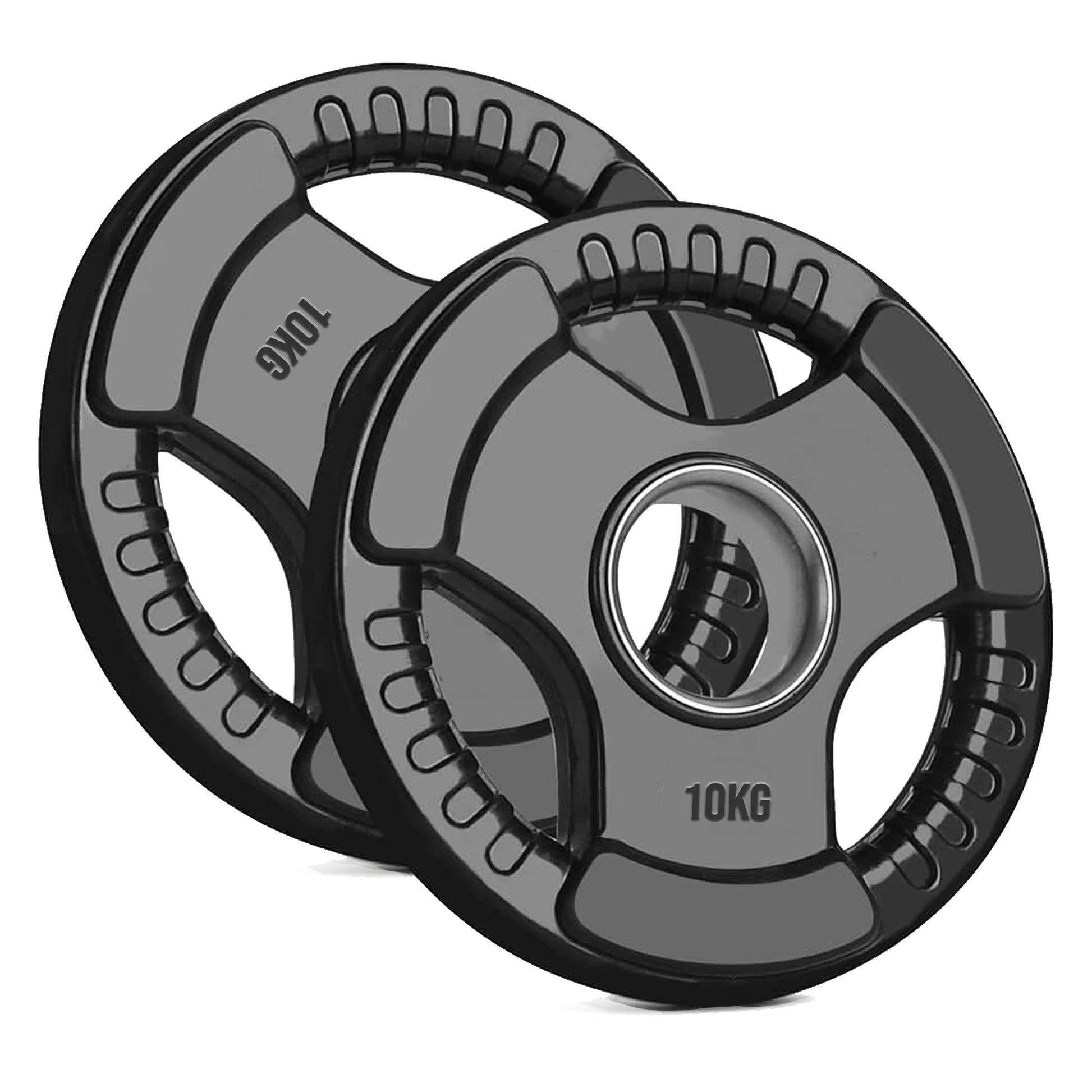 Two 10kg weight plates on a white background