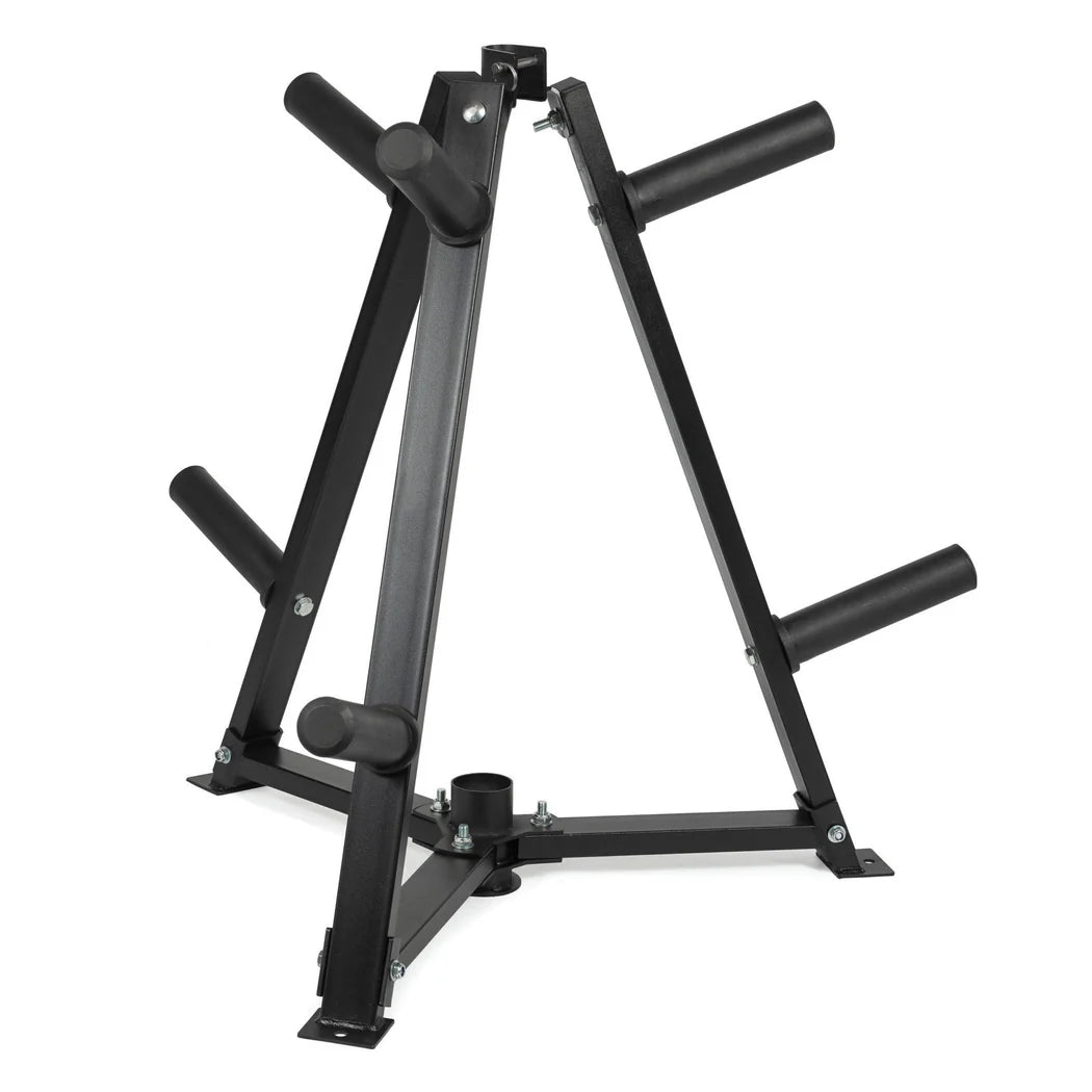 Black metal weight rack on a white background
