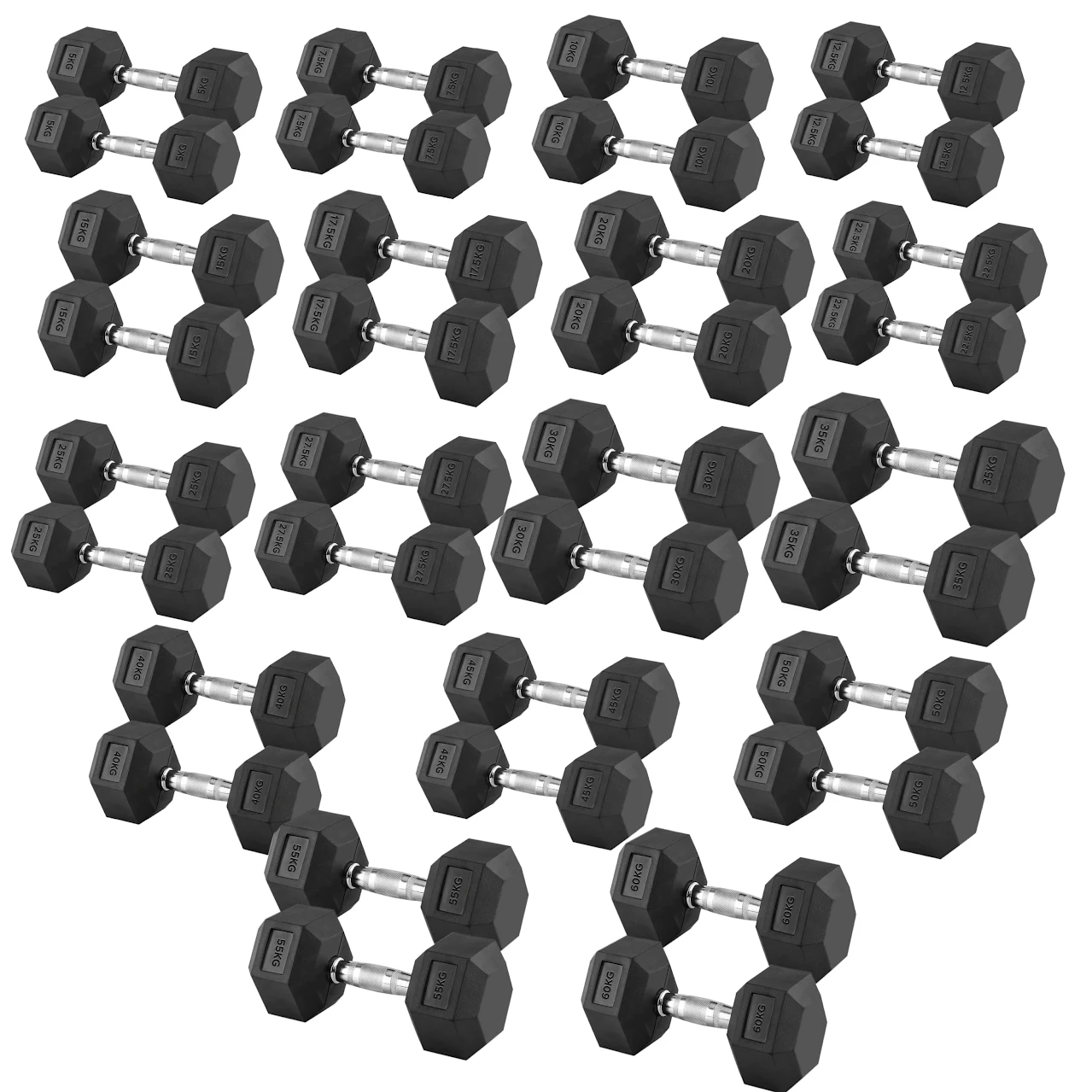 Hex Dumbbell Pairs & Sets 2.5kg–60kg – Rubber-Coated, Anti-Roll Weights with Rack Option – Home Gym Strength Training Dumbbell Set UK