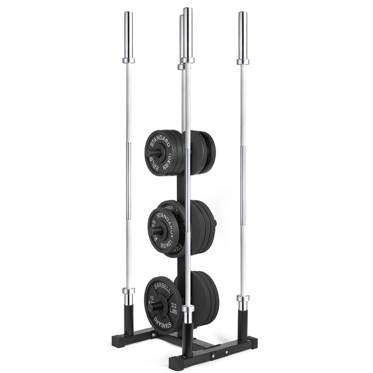 Olympic Weight Plate Rack & Bar Stand – 3-Tier Heavy-Duty Storage Tree | 200kg Load | Space-Saving, Scratch-Resistant Black Organizer for Home Gyms
