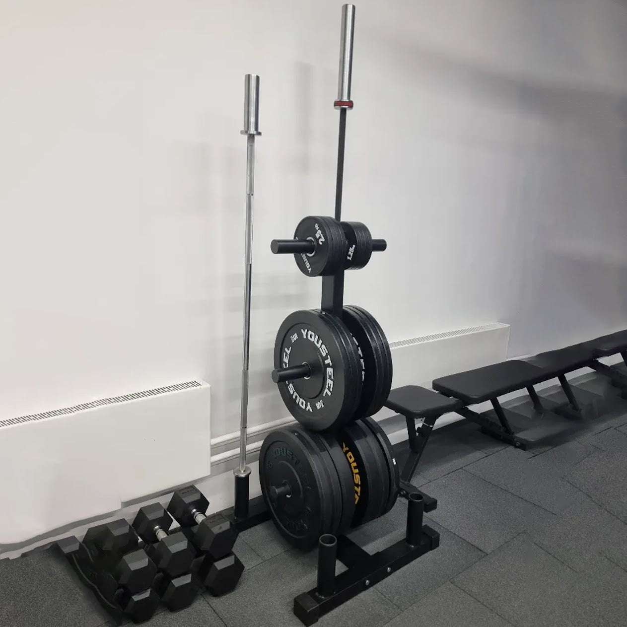 Olympic Weight Plate Rack & Bar Stand – 3-Tier Heavy-Duty Storage Tree | 200kg Load | Space-Saving, Scratch-Resistant Black Organizer for Home Gyms